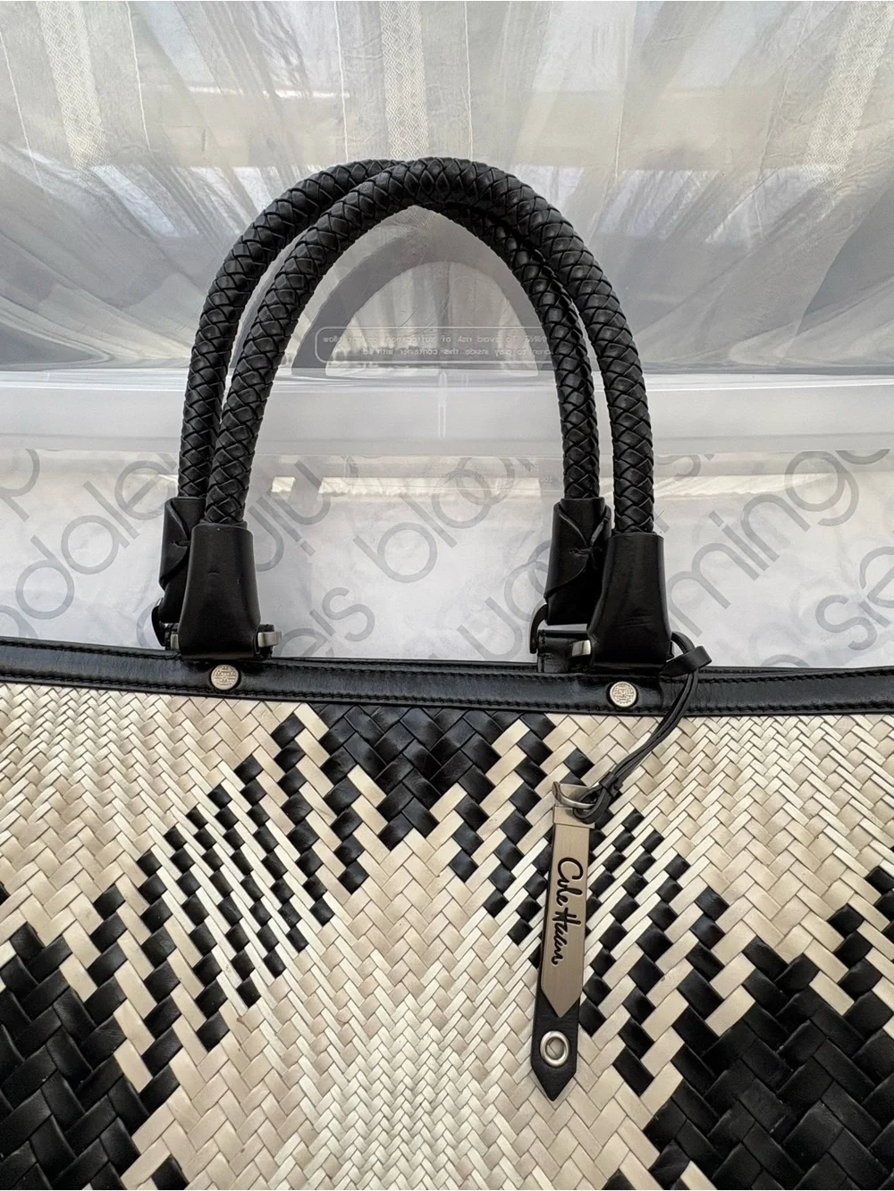 Cole Haan Black/Cream Woven genuine leather BrandNEw W/out tag East West tote
